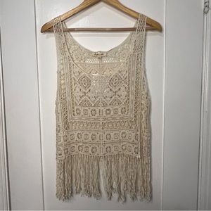 Crochet style tank top with fringe hem. NWT. Medium. Rebellion.